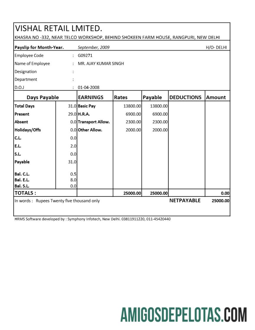 Para download Modelo de recibo de pagamento Vishal Retail LTD em formatos Excel e PDF.pdf, 1
